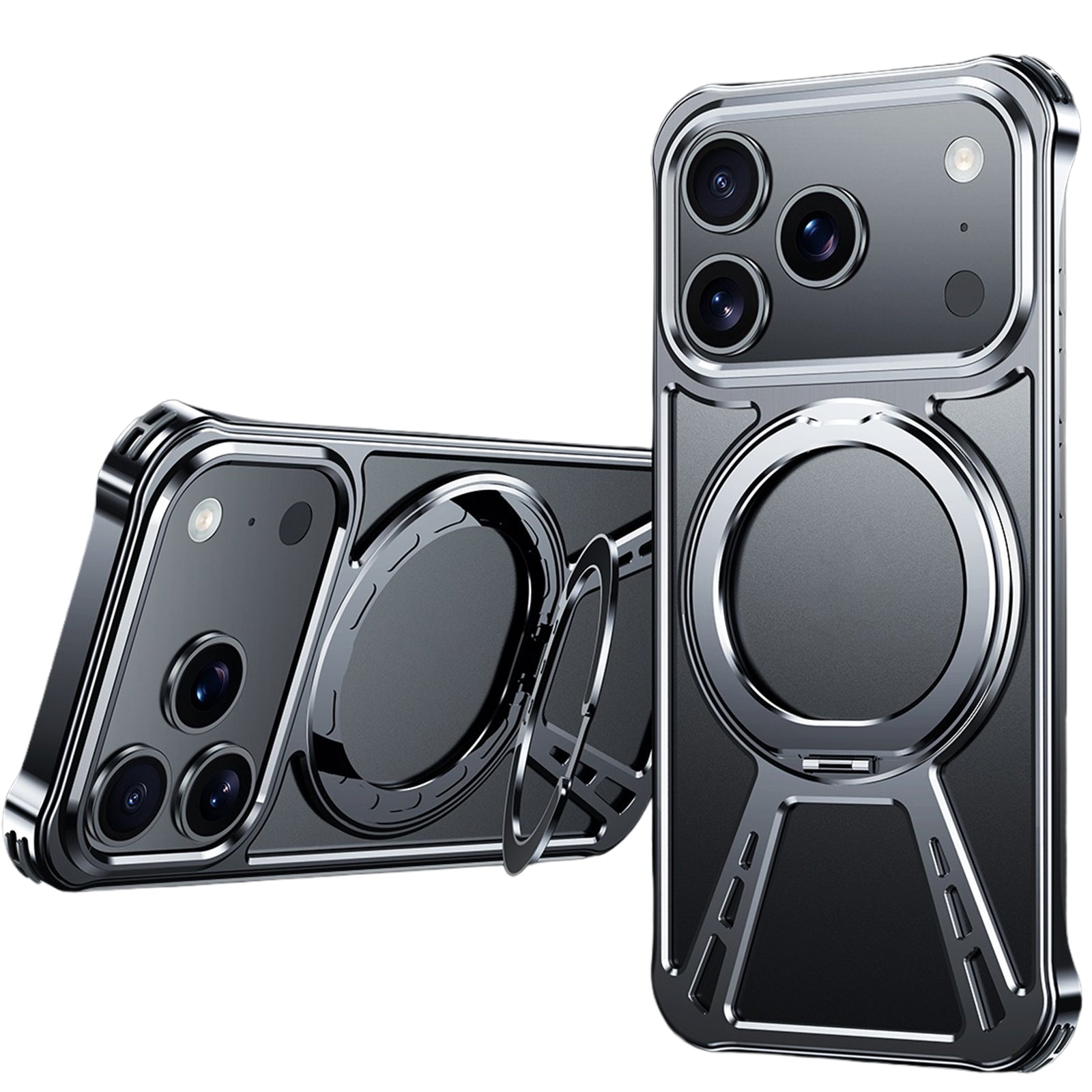 Case for iPhone 17 Pro Max, Frameless Aluminum Metal Case Slim Shockproof Corners Heat Dissipation Bare Metal Grip with 360 Rotating Ring Kickstand