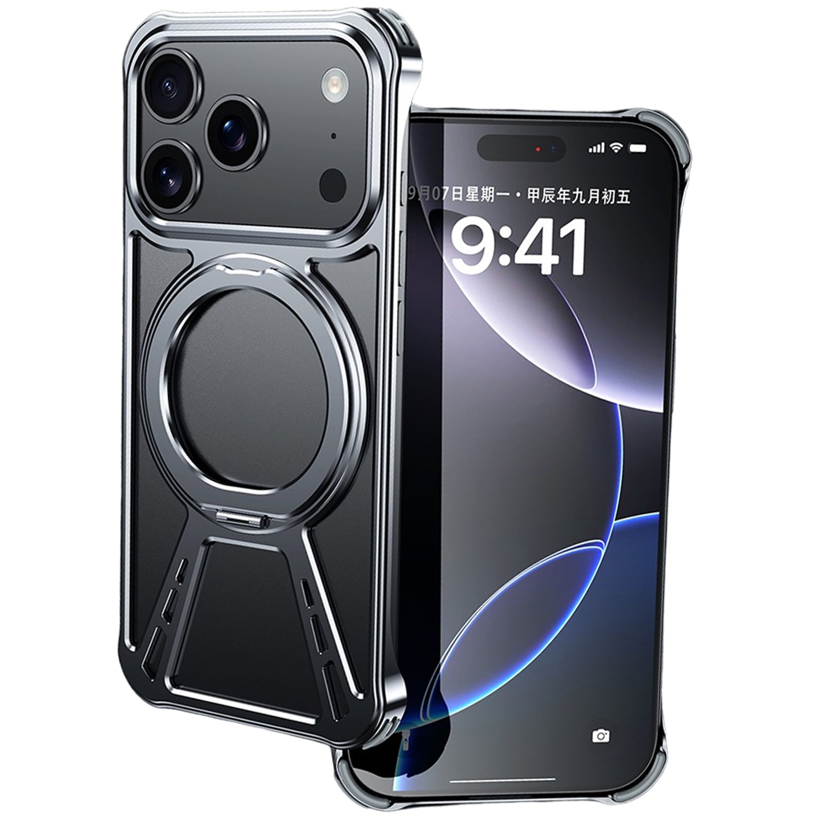 Case for iPhone 17 Pro Max, Frameless Aluminum Metal Case Slim Shockproof Corners Heat Dissipation Bare Metal Grip with 360 Rotating Ring Kickstand