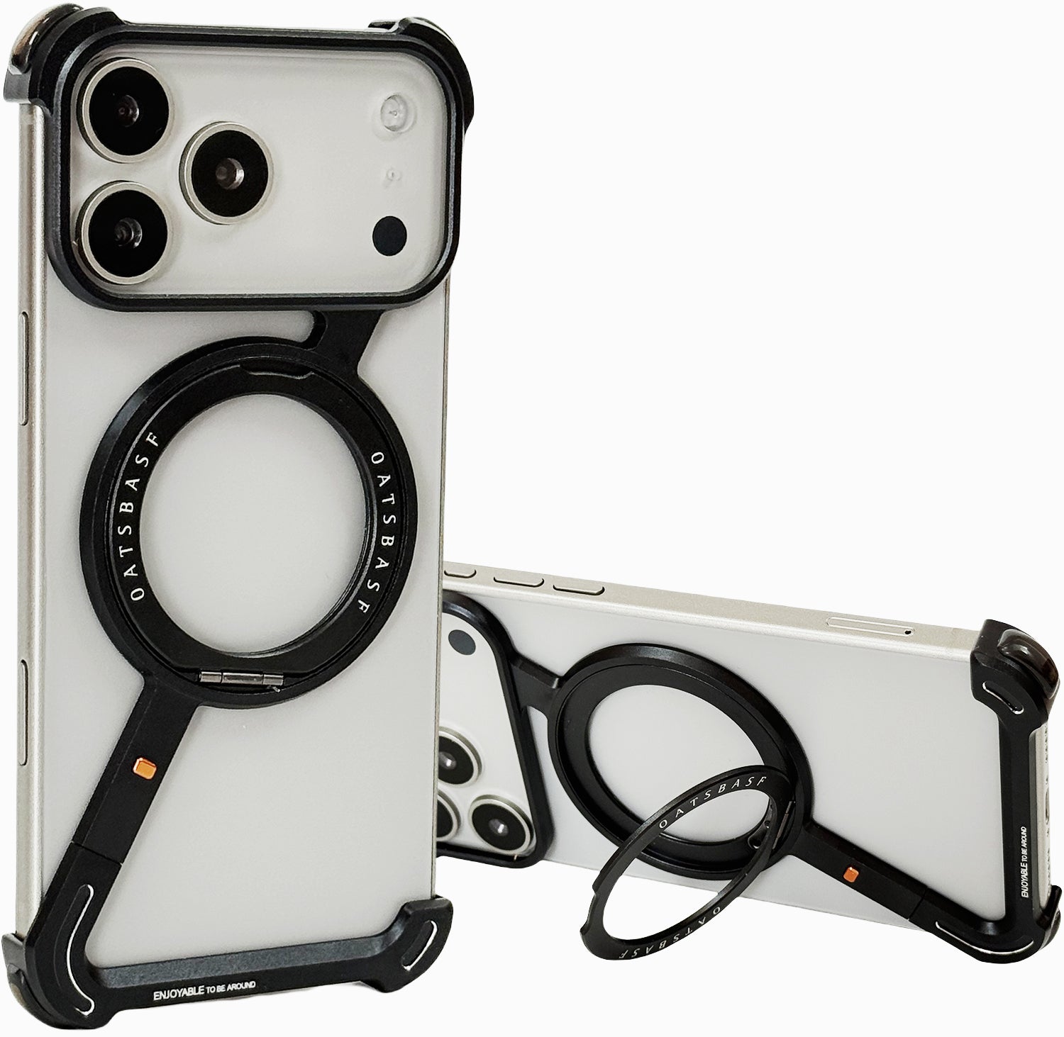 Case for iPhone 17 Pro Max, Slim Z Shaped Stainless Steel Frame with Partial Glass Back Hidden 360 Rotating Stand Shockproof Corner Protection