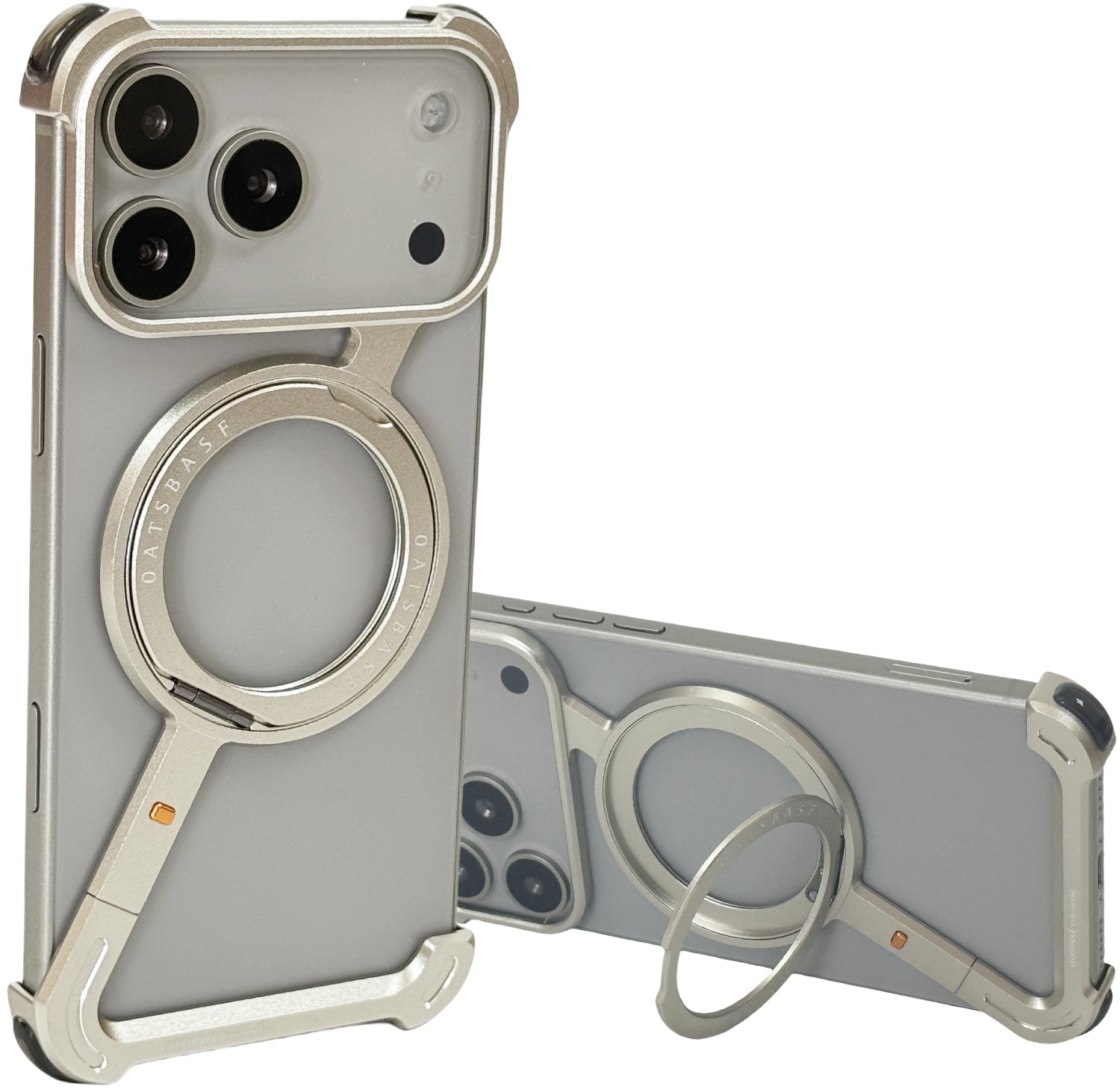 Case for iPhone 17 Pro Max, Slim Z Shaped Stainless Steel Frame with Partial Glass Back Hidden 360 Rotating Stand Shockproof Corner Protection