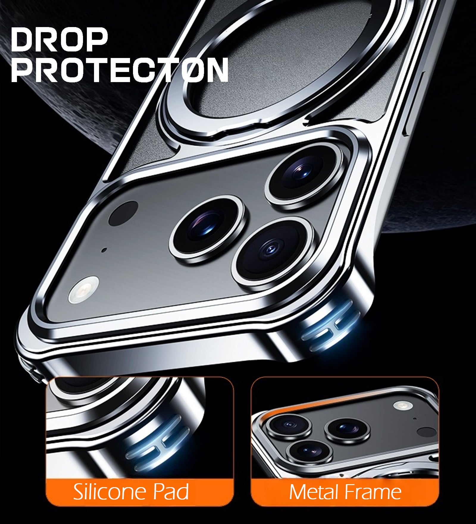Case for iPhone 17 Pro Max, Frameless Aluminum Metal Case Slim Shockproof Corners Heat Dissipation Bare Metal Grip with 360 Rotating Ring Kickstand