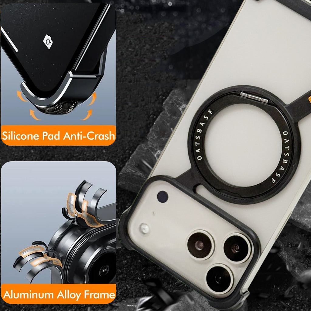 Case for iPhone 17 Pro Max, Slim Z Shaped Stainless Steel Frame with Partial Glass Back Hidden 360 Rotating Stand Shockproof Corner Protection
