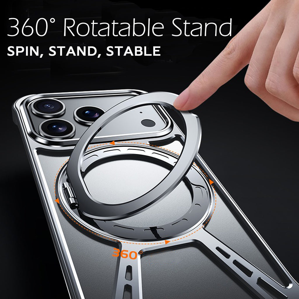 Case for iPhone 17 Pro Max, Frameless Aluminum Metal Case Slim Shockproof Corners Heat Dissipation Bare Metal Grip with 360 Rotating Ring Kickstand