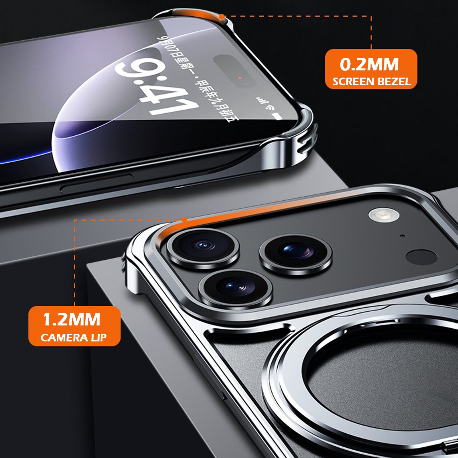 Case for iPhone 17 Pro Max, Frameless Aluminum Metal Case Slim Shockproof Corners Heat Dissipation Bare Metal Grip with 360 Rotating Ring Kickstand