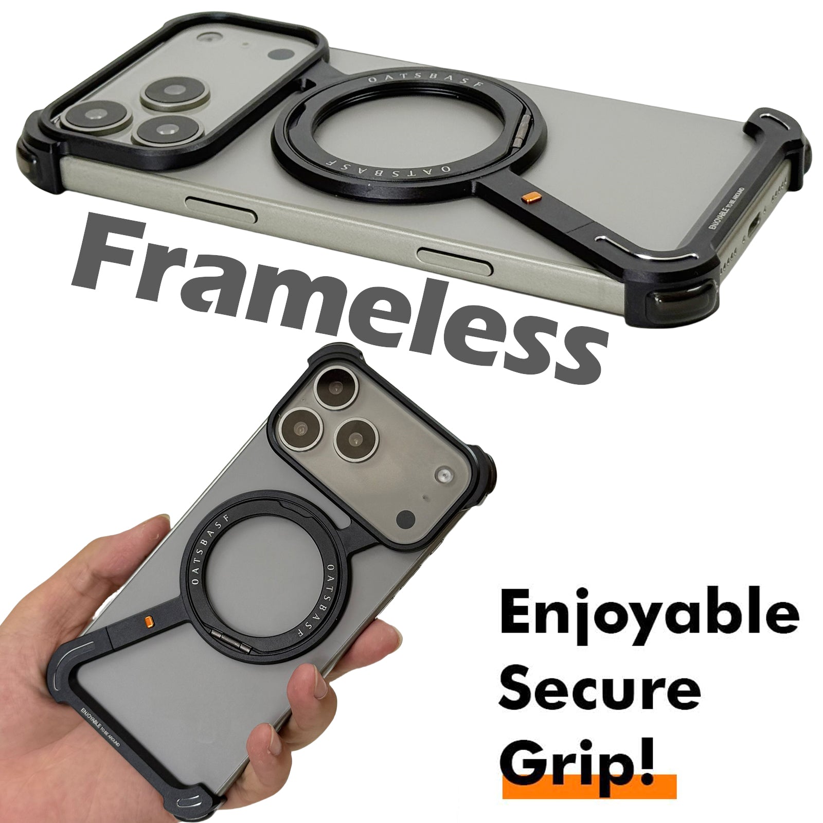 Case for iPhone 17 Pro Max, Slim Z Shaped Stainless Steel Frame with Partial Glass Back Hidden 360 Rotating Stand Shockproof Corner Protection