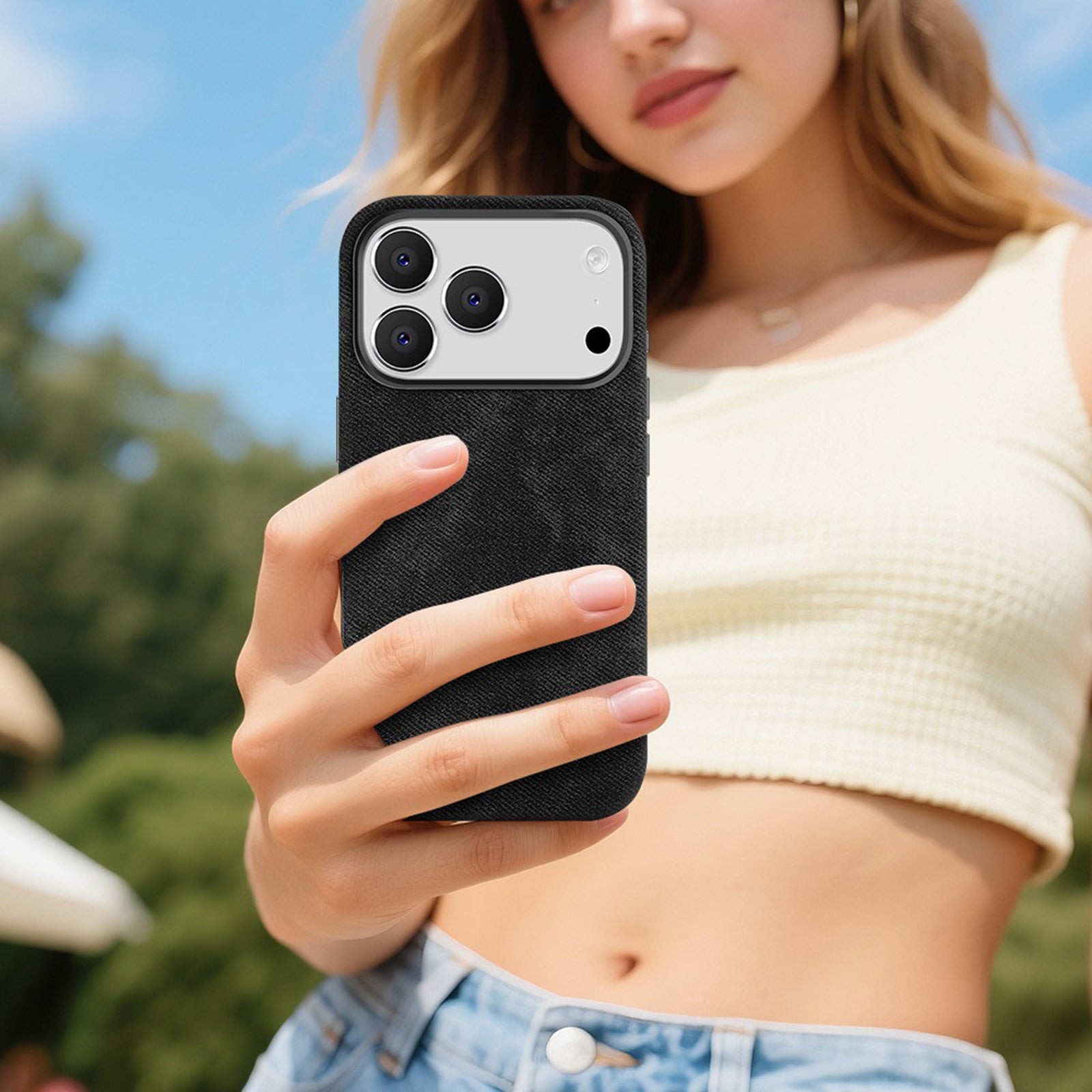 Case for iPhone 17 Pro Max, Denim Fabric Slim Protective Cover Compatible with MagSafe Shockproof Design with Raised Camera Edge Lightweight, Orange